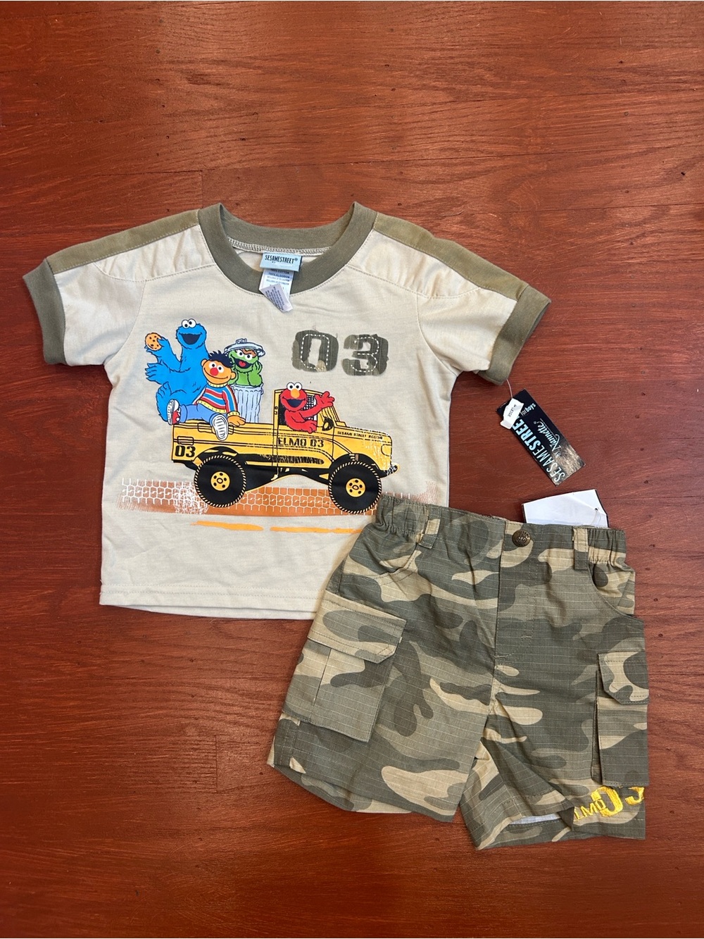 Sesame Street Beige and Olive Green Kids Matching Set with Character Truck